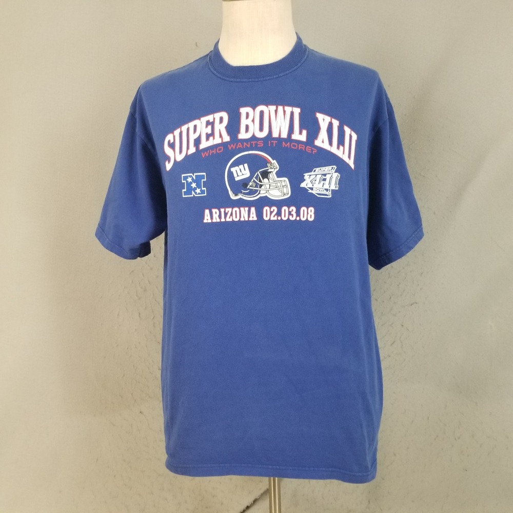 Reebok T-Shirt Mens L Blue New York Giants Super Bowl XLII Graphic Cotton Tee